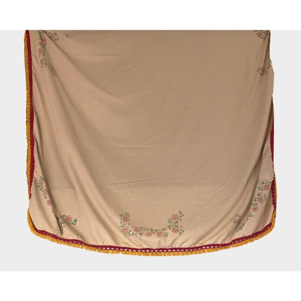 Vintage Tablecloth Primitive Tan Red Yellow Fringe Fabric Home Decor Large